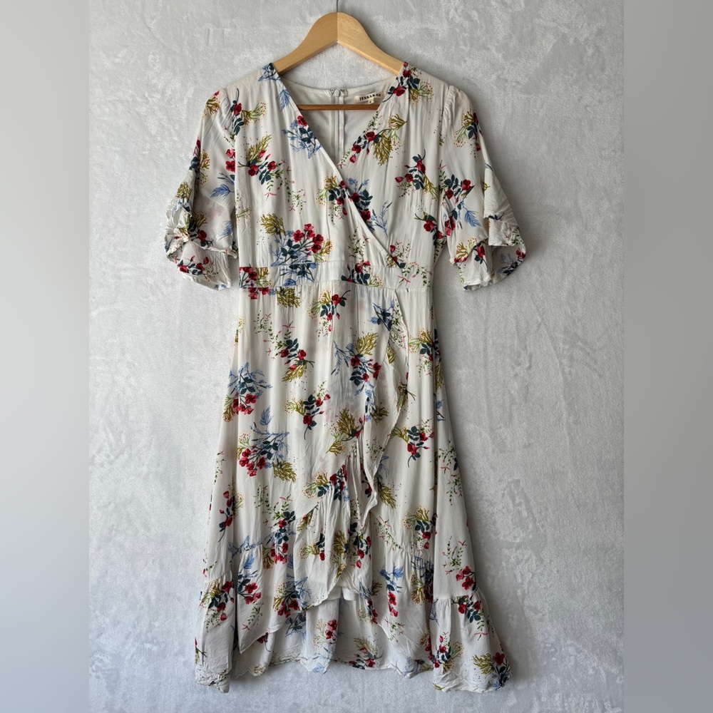JessaKae‎ womens White Floral faux wrap ruffle trim midi Dress size small